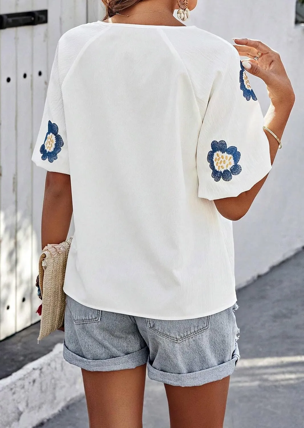HVEPUO Summer Puff Short Sleeve Shirts for Women V Neck Boho Vacation Floral Embroidered Blouses Casual Cute Going Out Tops