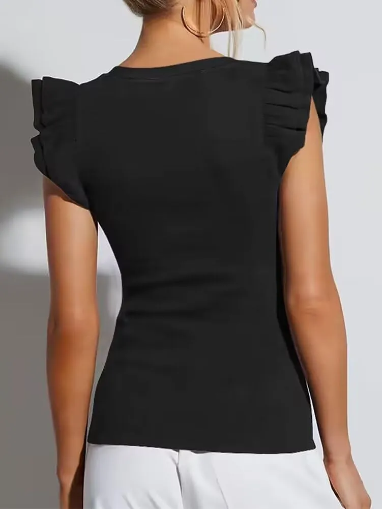 INFITTY Women's V Neck T Shirts Ruffle Sleeve Tops Dressy Sexy Sleeveless Slim Fitted Ribbed Tank Top Summer 2025