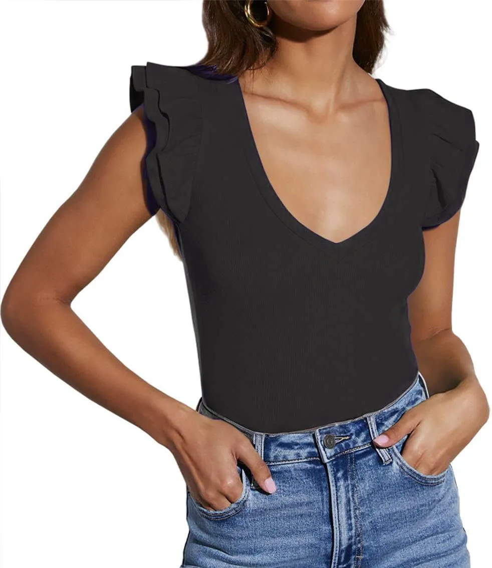 INFITTY Women's V Neck T Shirts Ruffle Sleeve Tops Dressy Sexy Sleeveless Slim Fitted Ribbed Tank Top Summer 2025