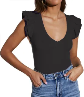 INFITTY Women's V Neck T Shirts Ruffle Sleeve Tops Dressy Sexy Sleeveless Slim Fitted Ribbed Tank Top Summer 2025