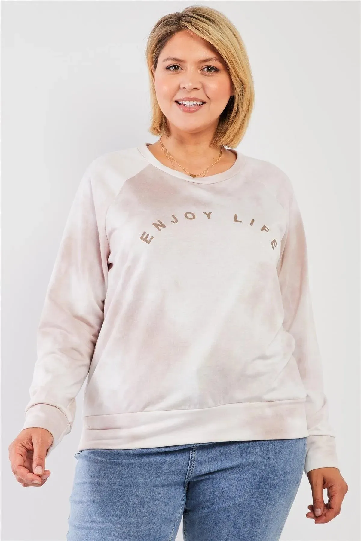Junior Plus Blush Tie-Dye Affirmation Graphic Detail Round Neck Long Sleeve Sweatshirt Top /2-2-1