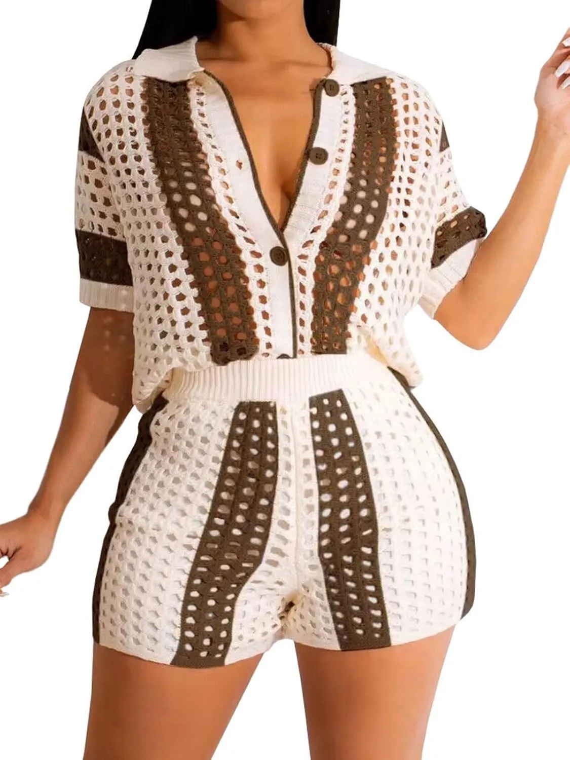 KANSOON Short Sets Women 2 Piece Outfits Knit Color Block Short Sleeve Button Down Shirt and Shorts Set