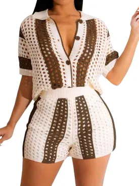KANSOON Short Sets Women 2 Piece Outfits Knit Color Block Short Sleeve Button Down Shirt and Shorts Set