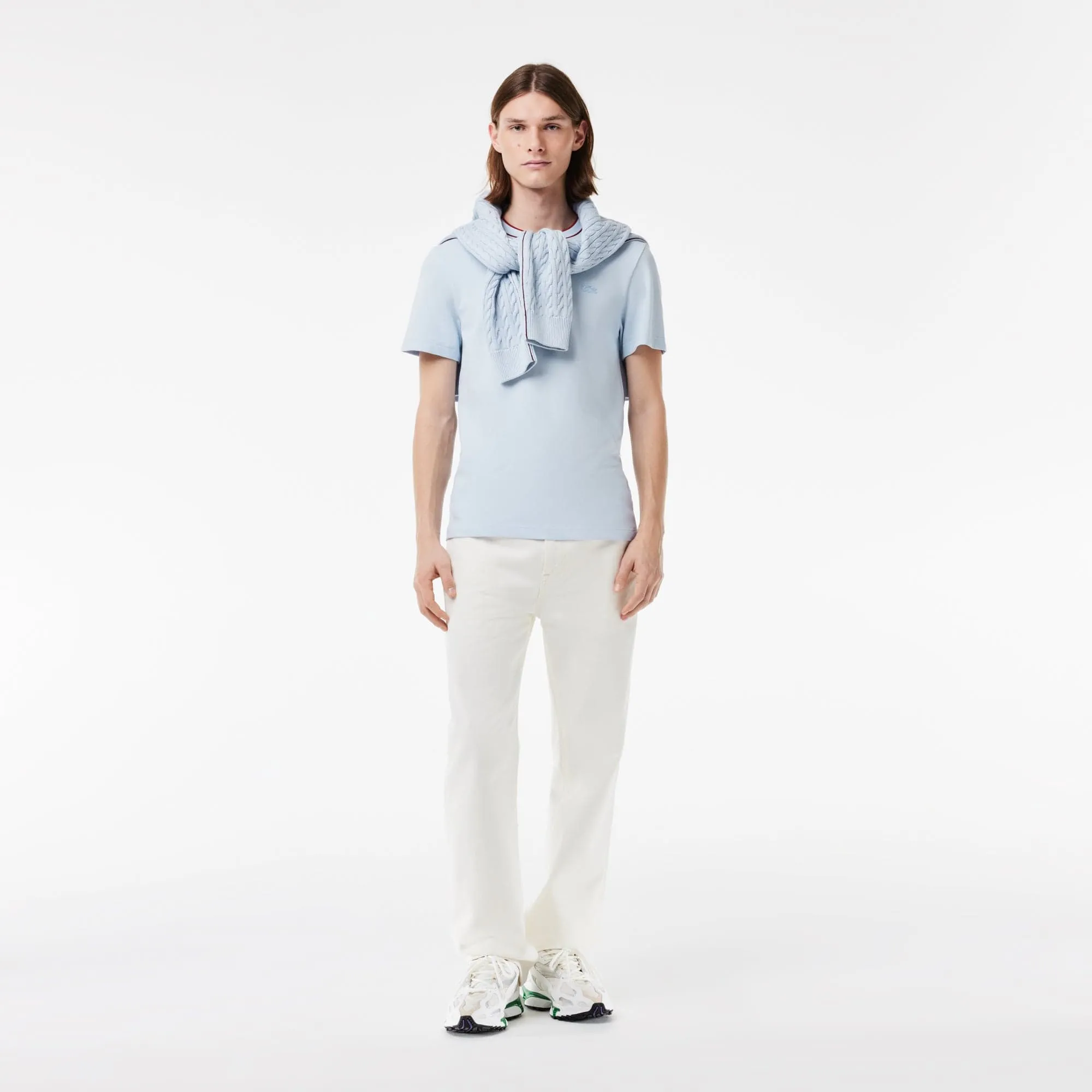 Lacoste Stretch Pique Stripe Collar T-Shirt in Light Blue