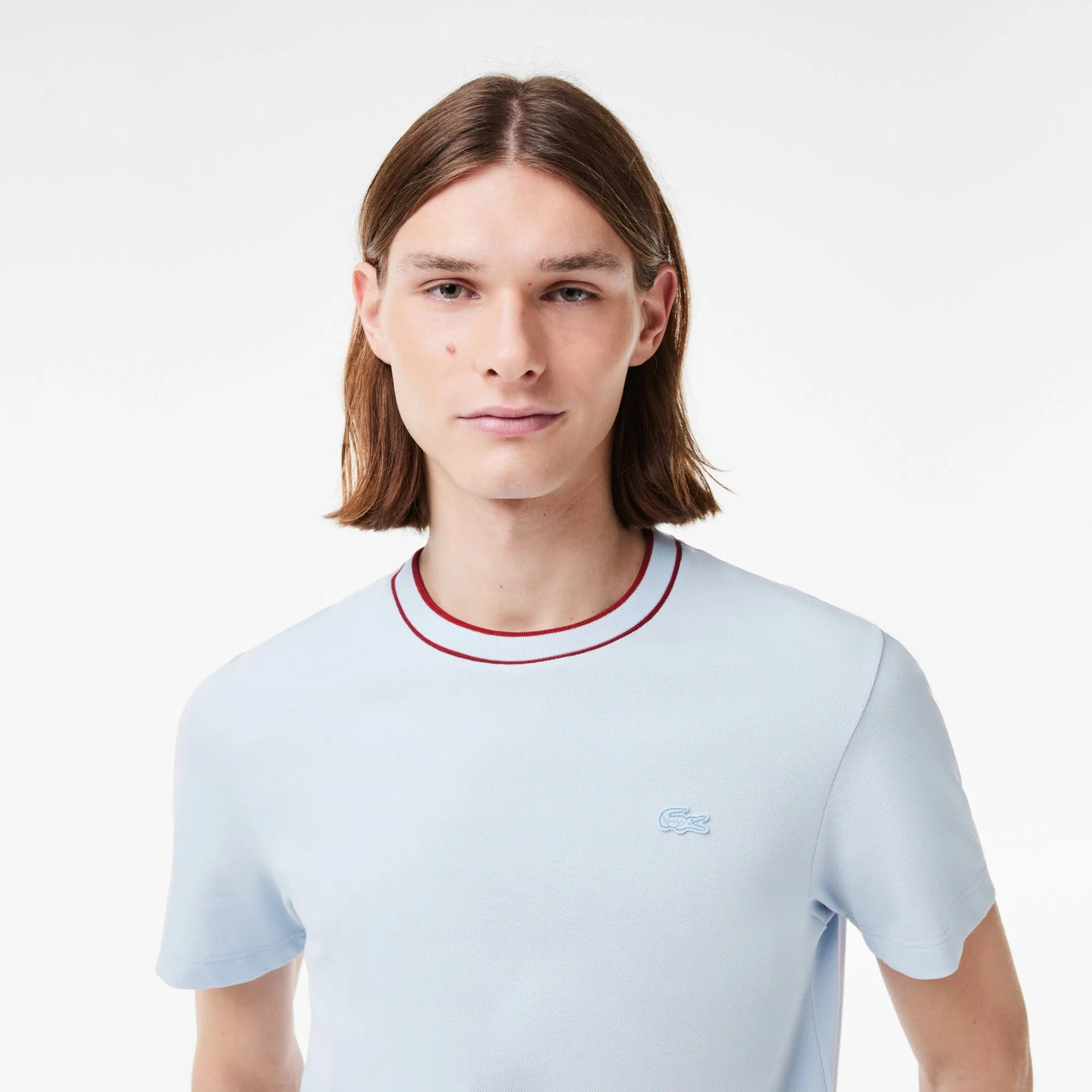 Lacoste Stretch Pique Stripe Collar T-Shirt in Light Blue