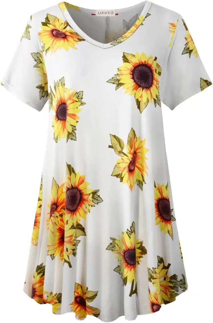 LARACE Casual Tops for Womens Summer Clothes Loose Fit Short Sleeve Shirts Flowy V Neck Tunic Plus Size Blouse