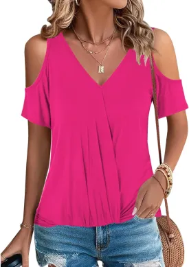 LEIYEE Womens Summer Cold Shoulder Tops Sexy Casual Short Sleeve V Neck Cute Front Knot Ruched Shirred T Shirt Blouse