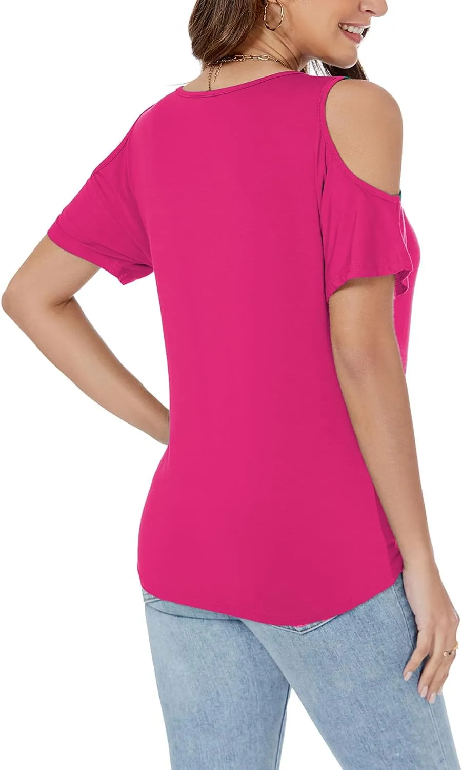 LEIYEE Womens Summer Cold Shoulder Tops Sexy Casual Short Sleeve V Neck Cute Front Knot Ruched Shirred T Shirt Blouse