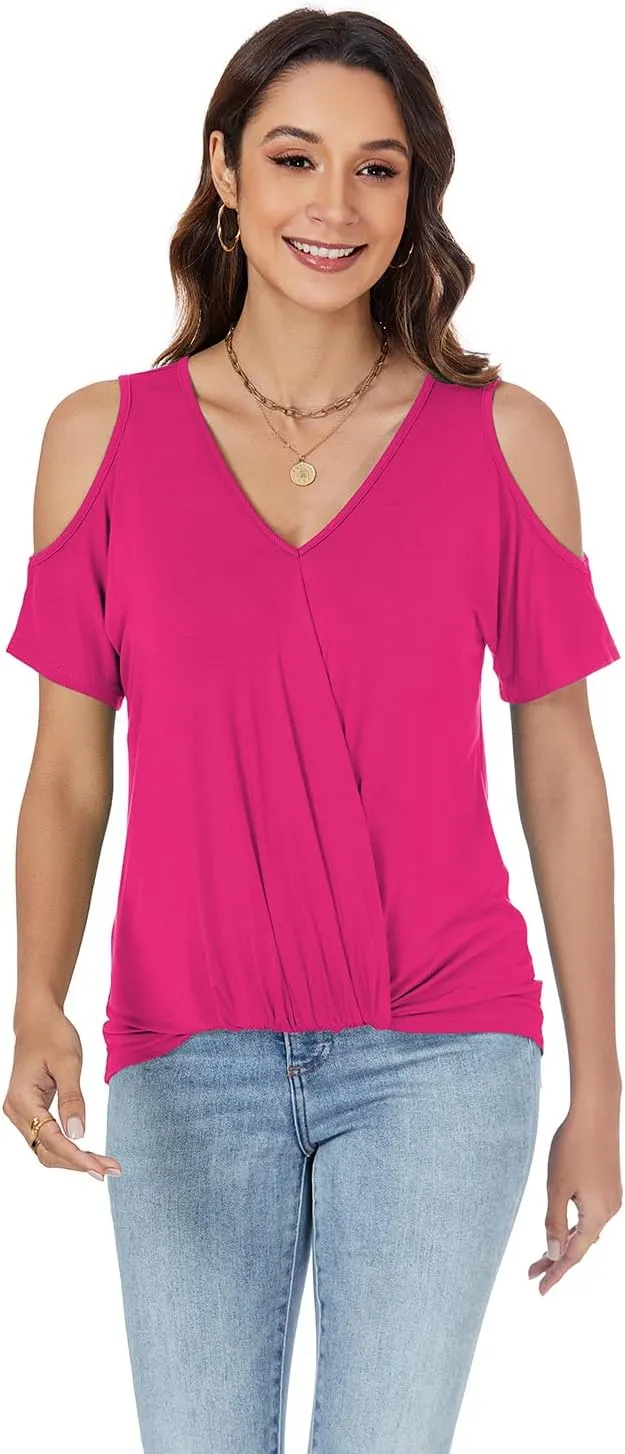 LEIYEE Womens Summer Cold Shoulder Tops Sexy Casual Short Sleeve V Neck Cute Front Knot Ruched Shirred T Shirt Blouse