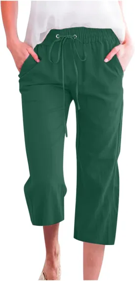 Linen Capri Pants for Women Casual 2025 Summer Drawstring Elastic High Waist Capris Wide Leg Cropped Trousers Linen Capri Pants for Women Casual 2025 Summer Drawstring Elastic High Waist Capris Wide Leg Cropped Trousers