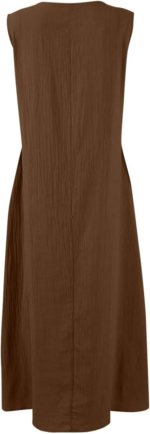 Linen Cotton Beach Dress for Women 2025 Summer Button Shirt Dress Casual Round Neck Dressy Trendy Long Dresses