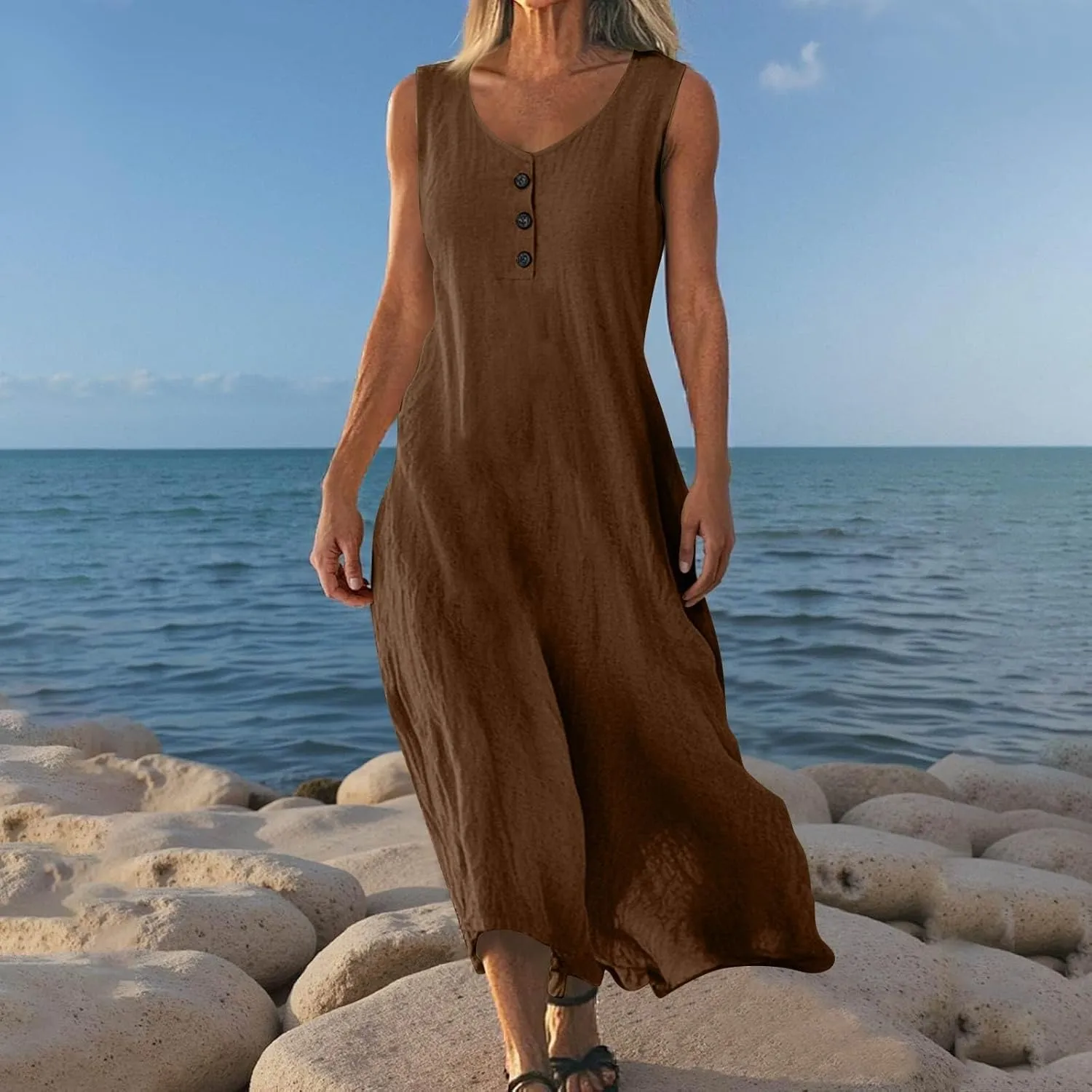 Linen Cotton Beach Dress for Women 2025 Summer Button Shirt Dress Casual Round Neck Dressy Trendy Long Dresses
