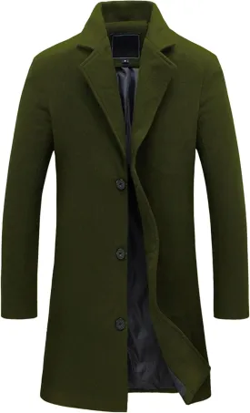 Maiyifu-GJ Mens Slim Fit Long Trench Coat Wool Blend Overcoat Warm Winter Single Breasted Coat Mid-Length Outerwear