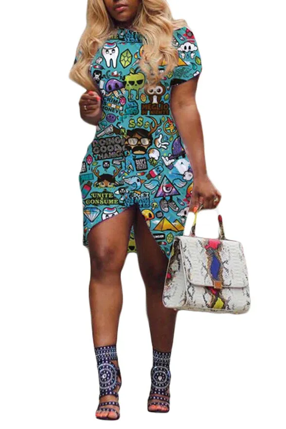 MB FASHION Short Sleeve Asymmetrical Hem Printed Casual Dress 7983