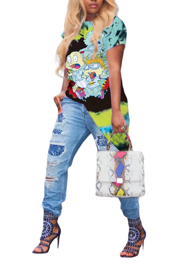 MB FASHION Short Sleeve Asymmetrical Hem Printed Casual Dress 7983