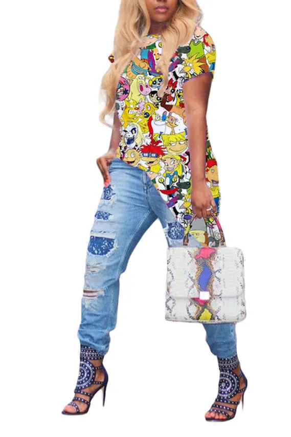 MB FASHION Short Sleeve Asymmetrical Hem Printed Casual Dress 7983