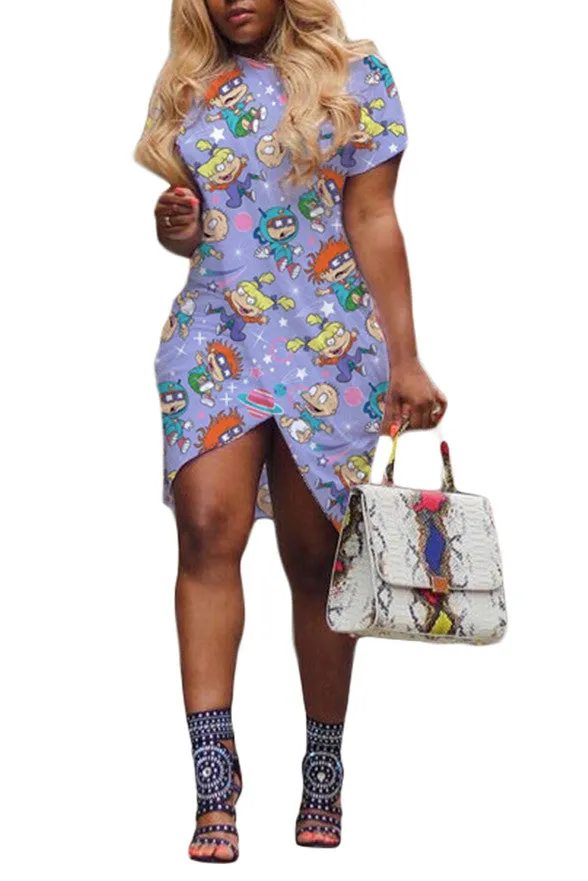 MB FASHION Short Sleeve Asymmetrical Hem Printed Casual Dress 7983