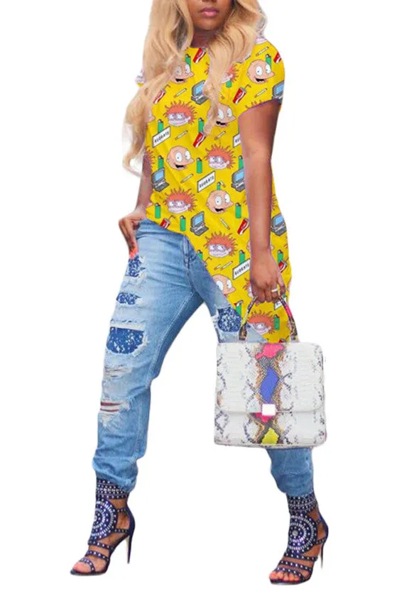 MB FASHION Short Sleeve Asymmetrical Hem Printed Casual Dress 7983