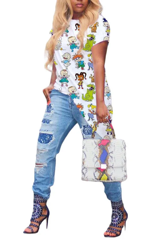 MB FASHION Short Sleeve Asymmetrical Hem Printed Casual Dress 7983