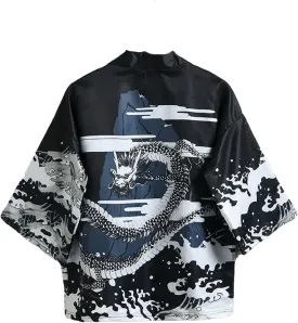 Men Women Japanese Haori Shirt, Y2K Anime Harajuku Kimono Short Sleeve Button Down Aesthetic Top Streetwear Summer
