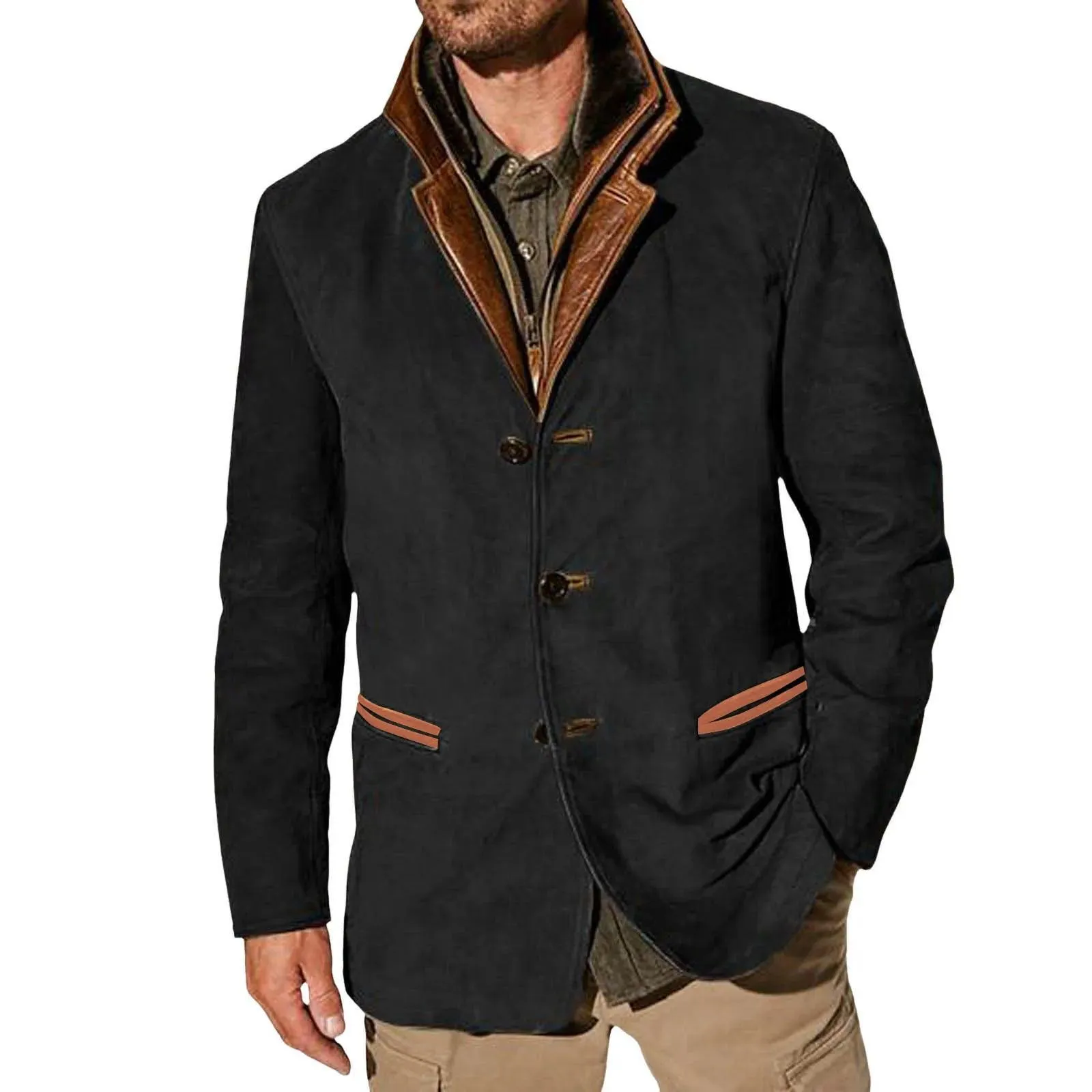 Men's Streetwear Scrub Leather Jacket Autumn Winter Casual Button Up Zipper Long Sleeve Fleece Coat With Pocket Leather Outwears