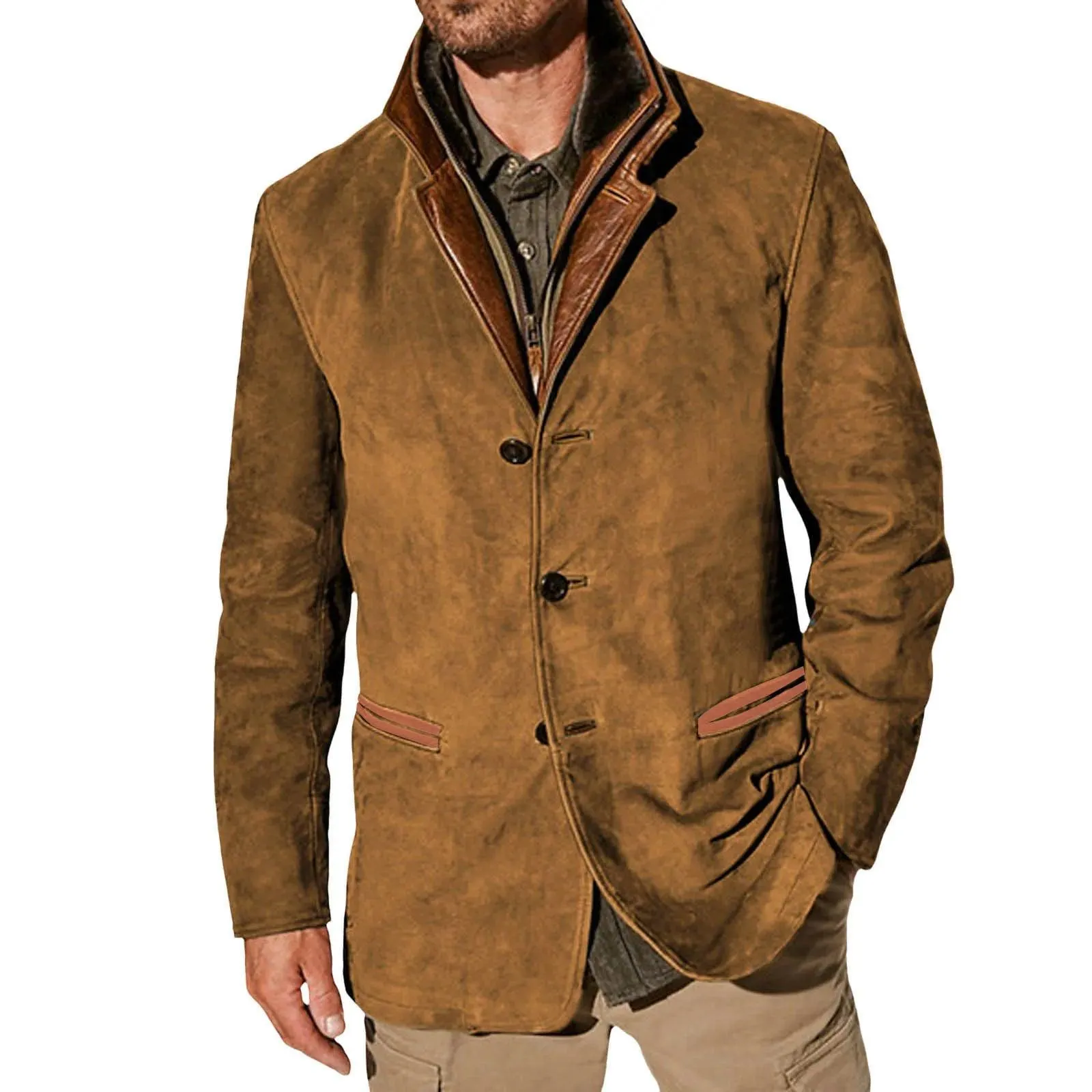 Men's Streetwear Scrub Leather Jacket Autumn Winter Casual Button Up Zipper Long Sleeve Fleece Coat With Pocket Leather Outwears