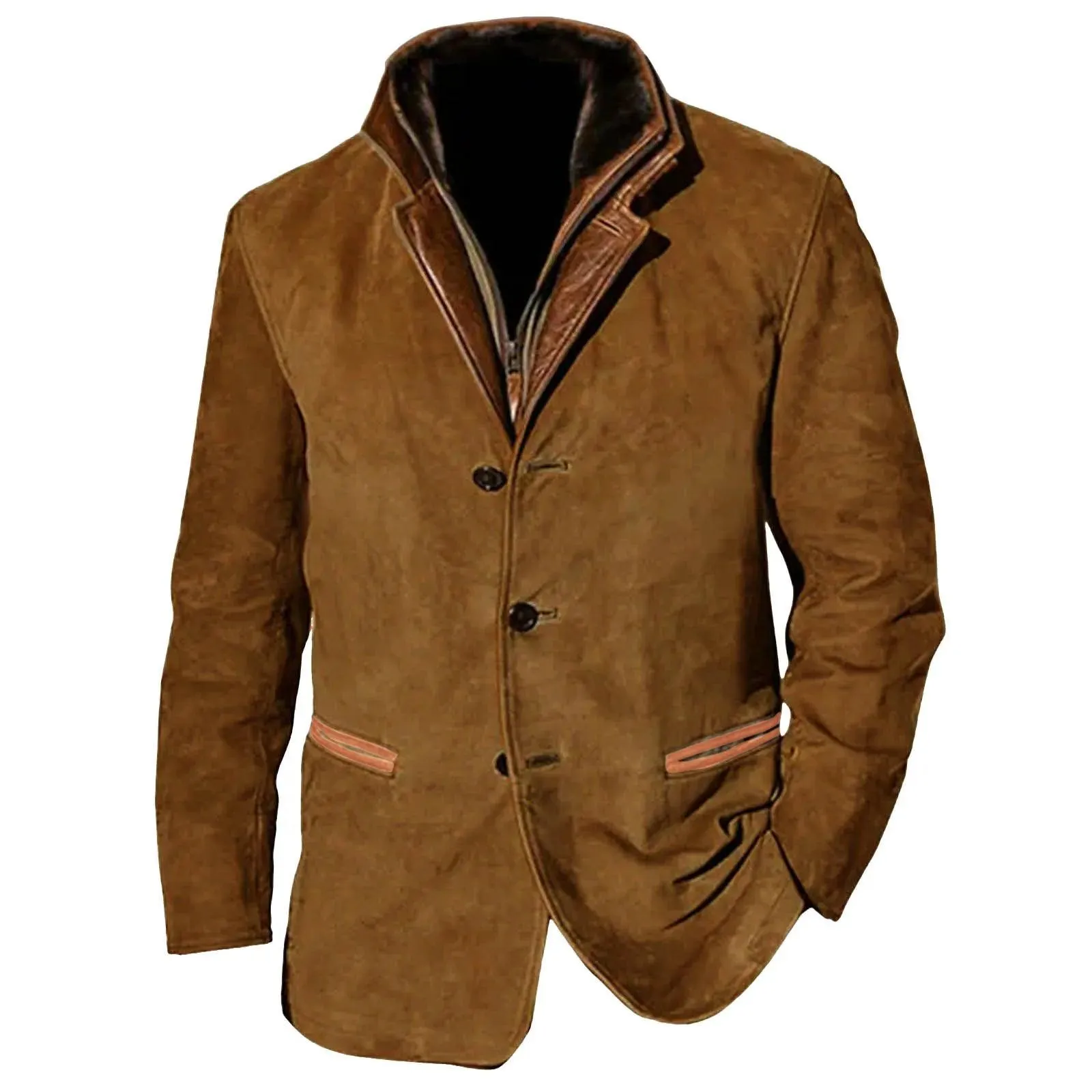 Men's Streetwear Scrub Leather Jacket Autumn Winter Casual Button Up Zipper Long Sleeve Fleece Coat With Pocket Leather Outwears