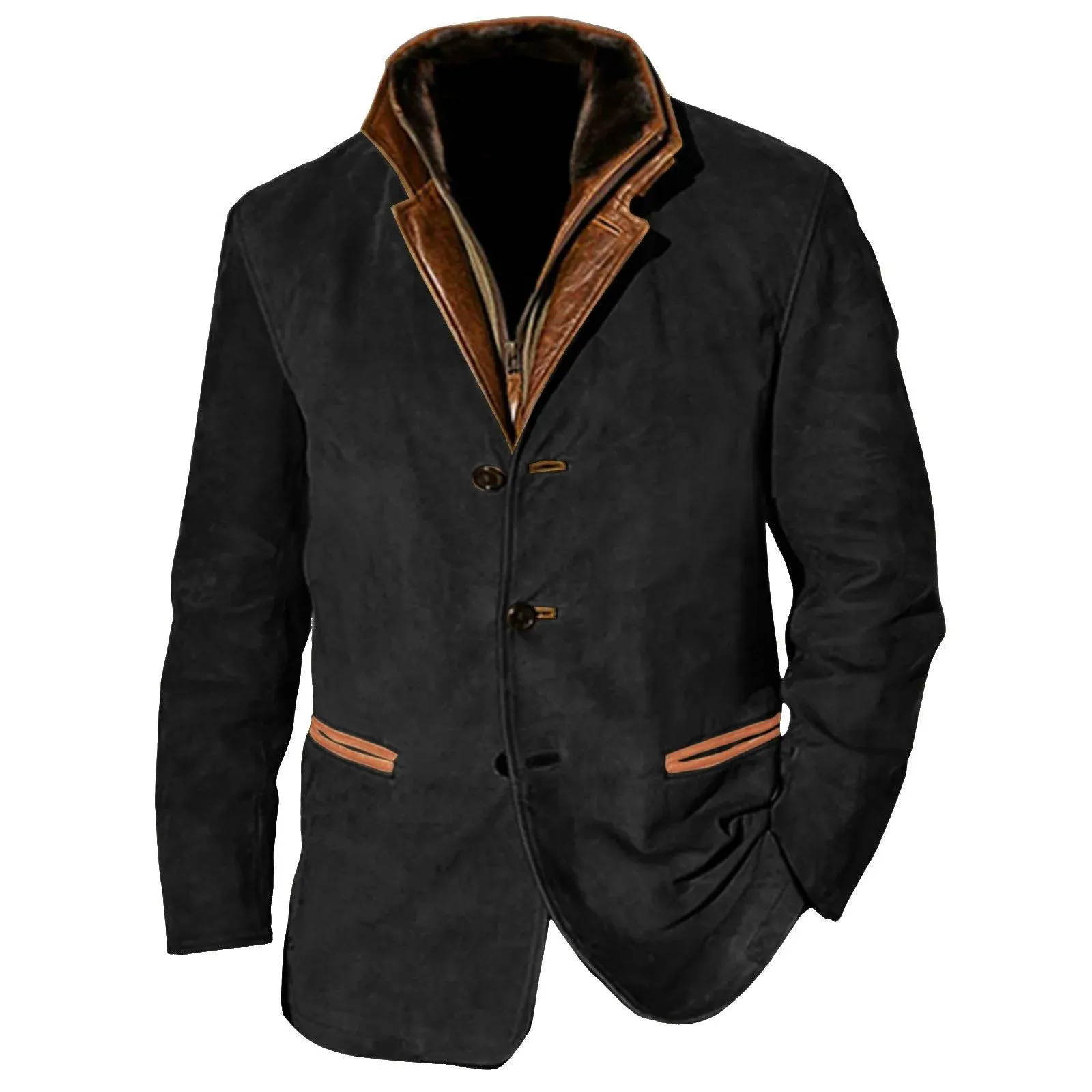 Men's Streetwear Scrub Leather Jacket Autumn Winter Casual Button Up Zipper Long Sleeve Fleece Coat With Pocket Leather Outwears