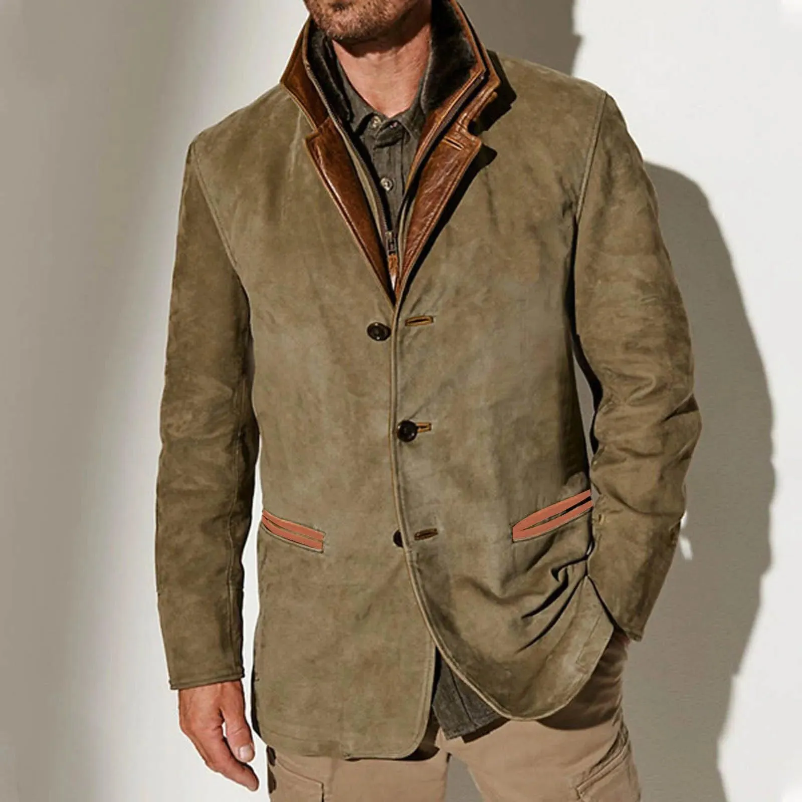 Men's Streetwear Scrub Leather Jacket Autumn Winter Casual Button Up Zipper Long Sleeve Fleece Coat With Pocket Leather Outwears