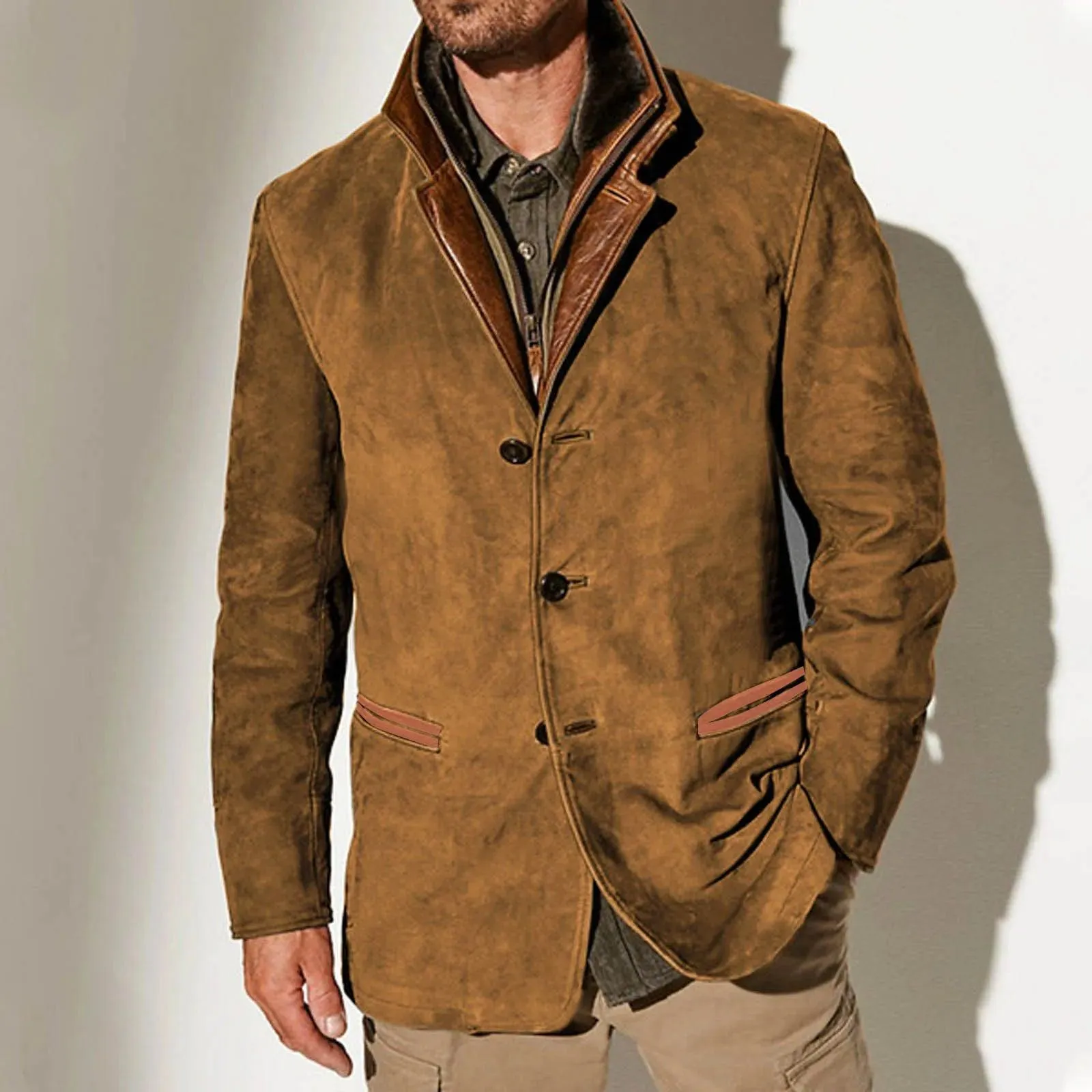 Men's Streetwear Scrub Leather Jacket Autumn Winter Casual Button Up Zipper Long Sleeve Fleece Coat With Pocket Leather Outwears
