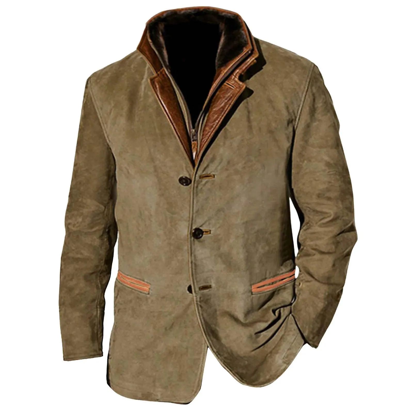 Men's Streetwear Scrub Leather Jacket Autumn Winter Casual Button Up Zipper Long Sleeve Fleece Coat With Pocket Leather Outwears