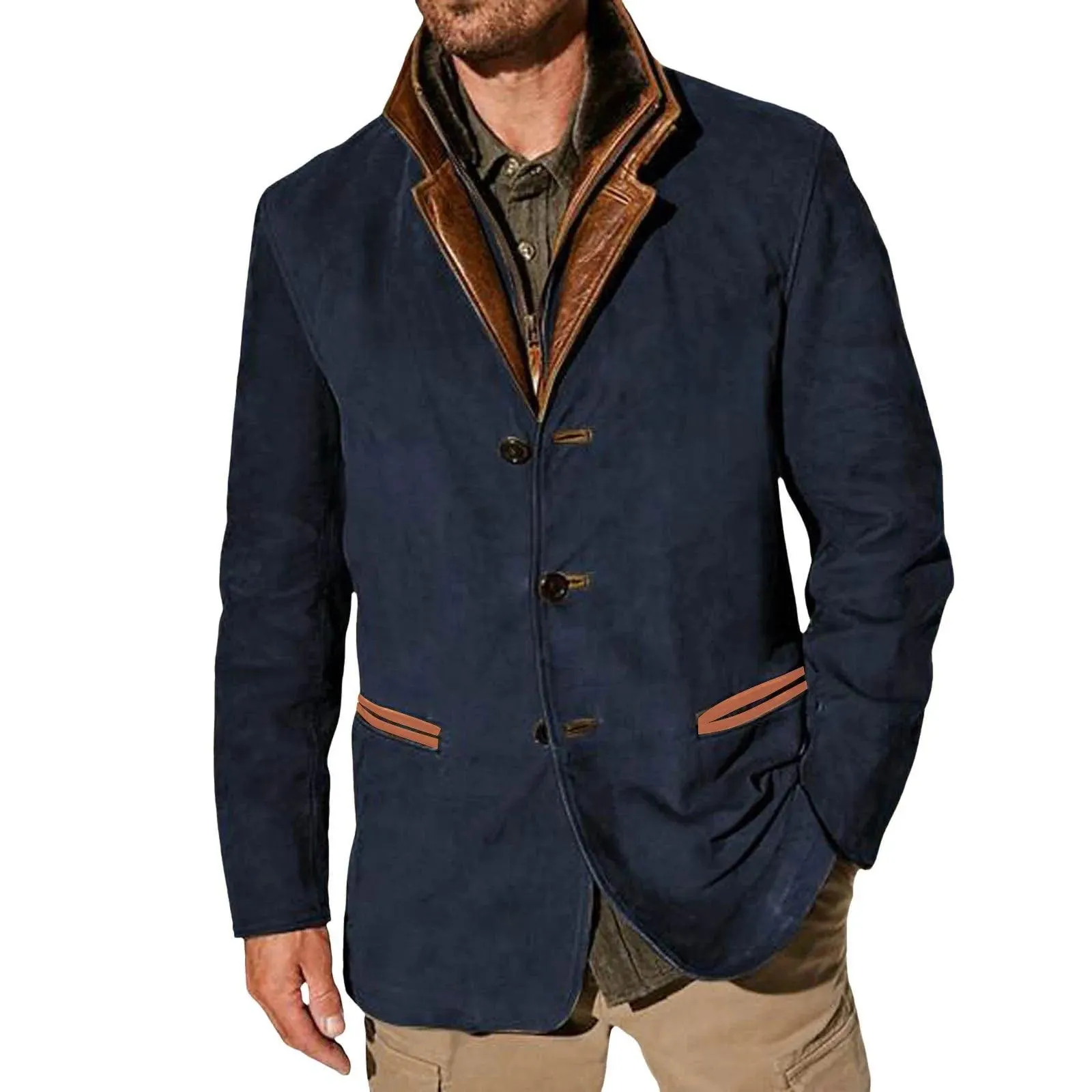Men's Streetwear Scrub Leather Jacket Autumn Winter Casual Button Up Zipper Long Sleeve Fleece Coat With Pocket Leather Outwears