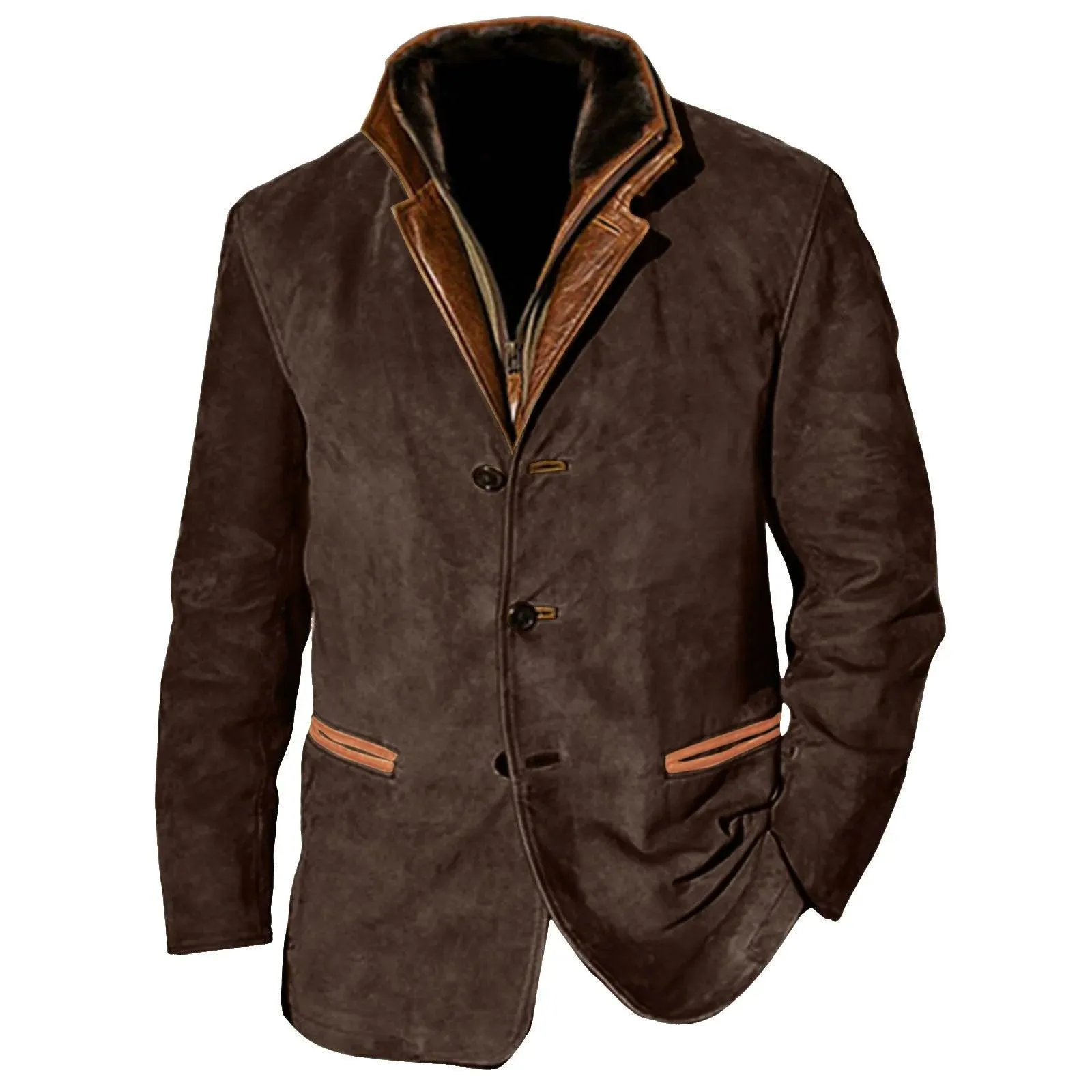 Men's Streetwear Scrub Leather Jacket Autumn Winter Casual Button Up Zipper Long Sleeve Fleece Coat With Pocket Leather Outwears