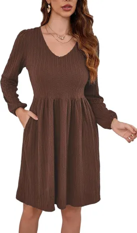 nclook Womens Spring Casual Dress Long Sleeve V Neck Fall Dresses with Pockets