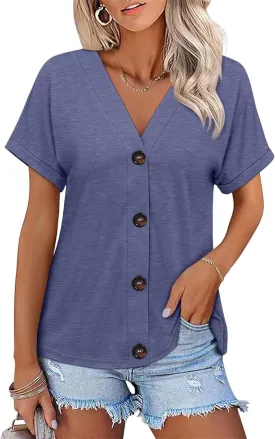 ORANDESIGNE Women's Short Sleeve V Neck Tops Casual Button Down Summer T Shirts Basic Ladies Tees