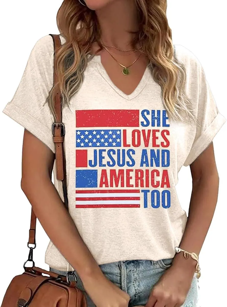 Patriotic V Neck Shirts 4th of July for Women American Flag Graphic Tee Casual Color Block Short Sleeve Summer Tops
