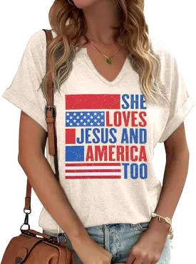 Patriotic V Neck Shirts 4th of July for Women American Flag Graphic Tee Casual Color Block Short Sleeve Summer Tops