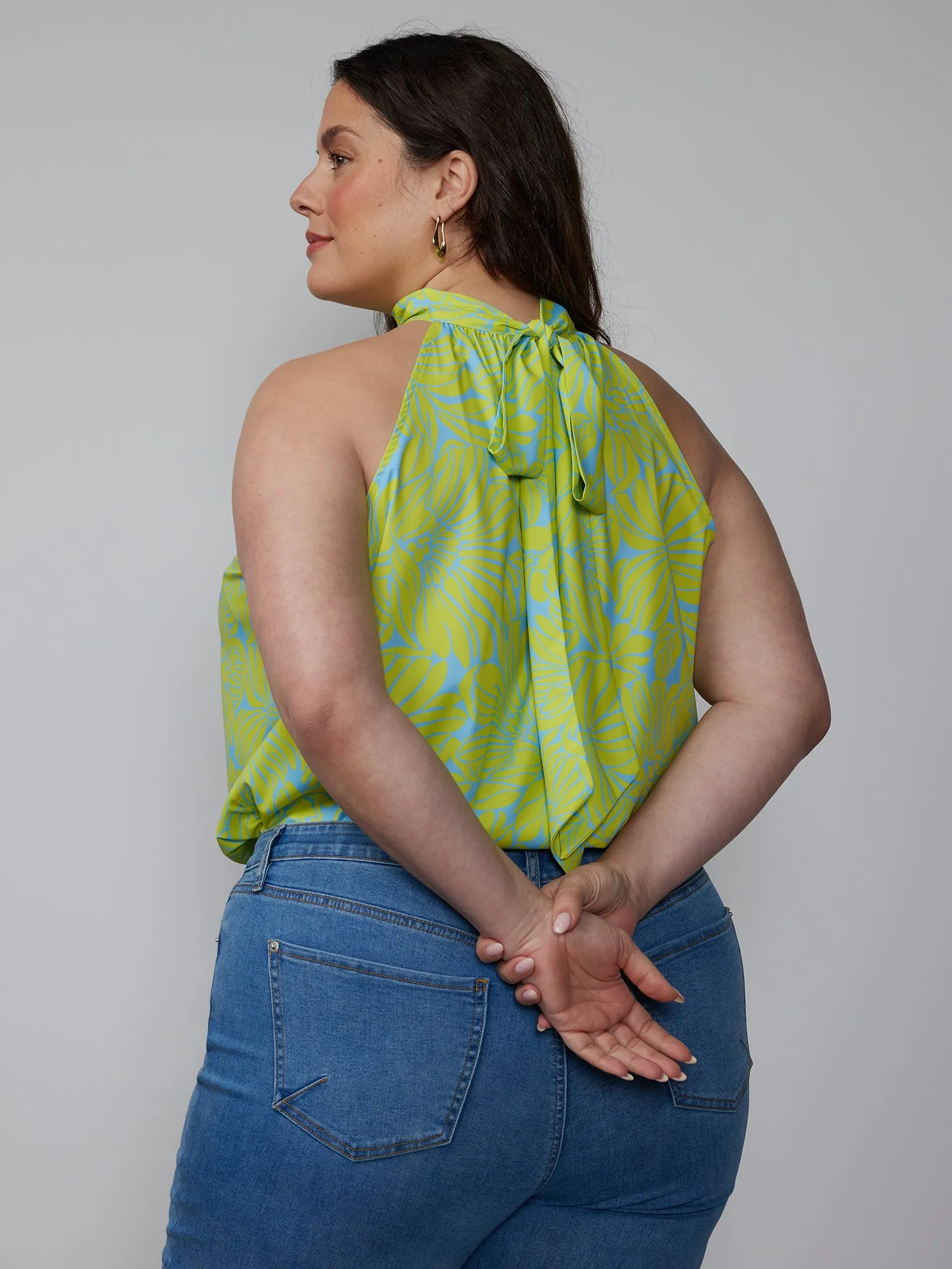 Plus Two Color Floral Halter Tie Back Top