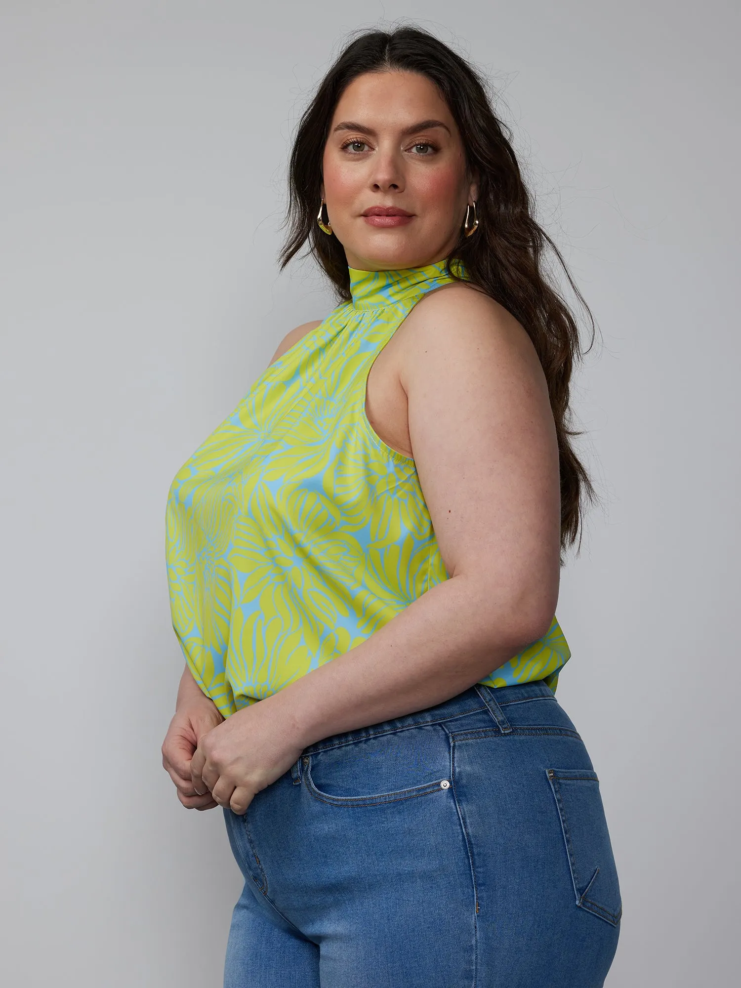Plus Two Color Floral Halter Tie Back Top