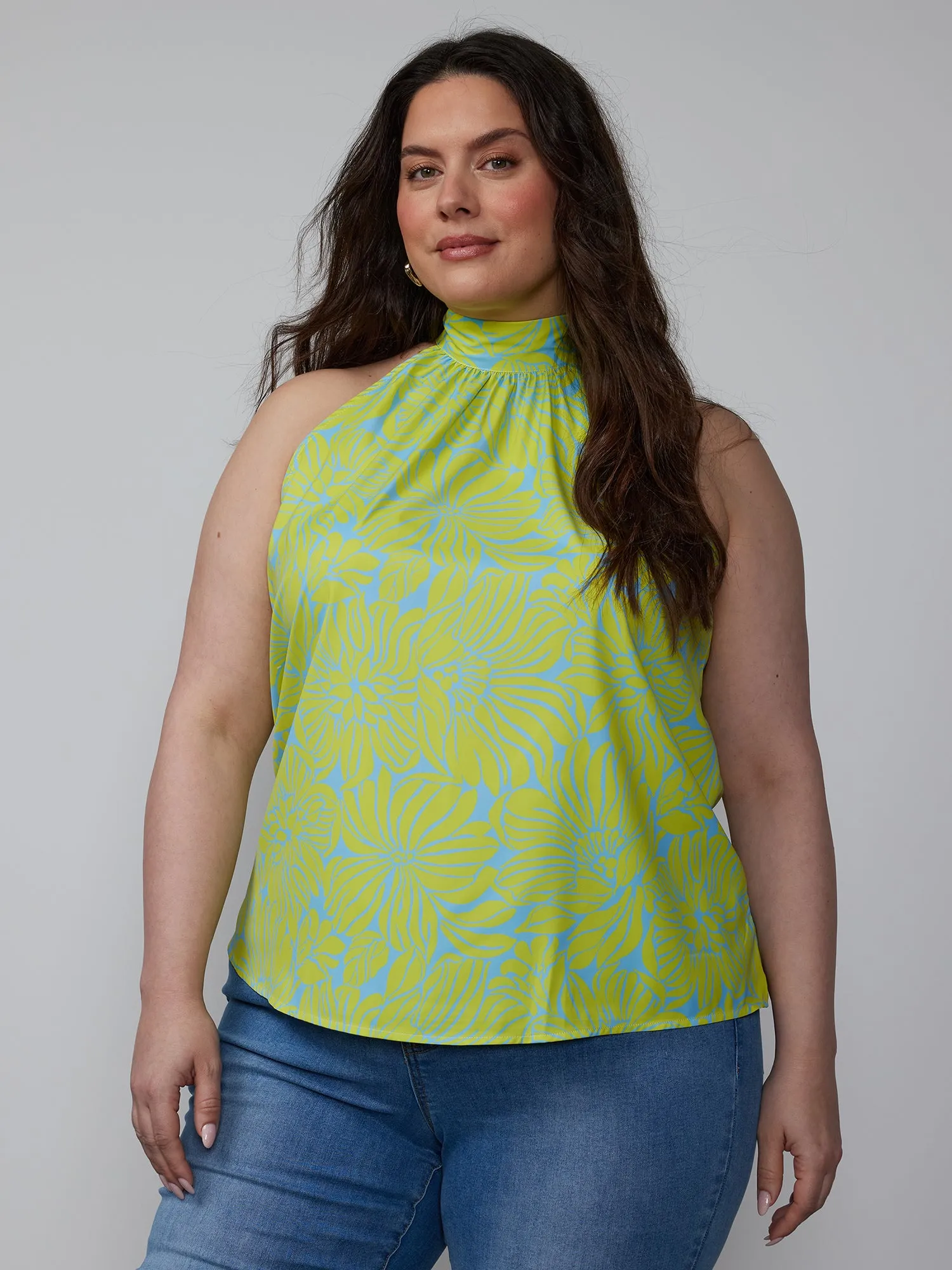 Plus Two Color Floral Halter Tie Back Top