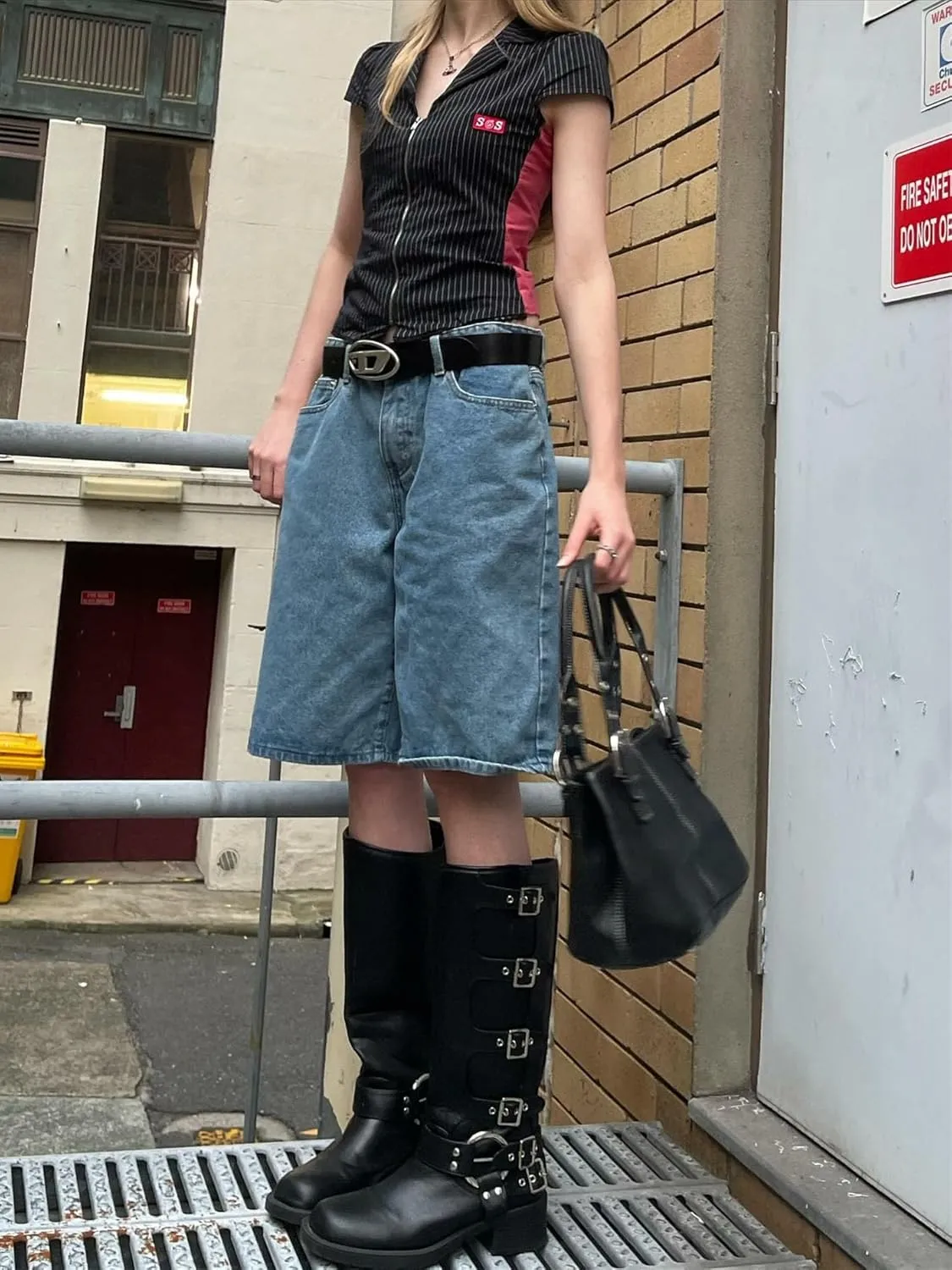 Raruxxin Women Y2k Bermuda Denim Shorts Low Rise Wide Leg Knee Length Carpenter Long Jean Shorts Summer Cow Girl Baggy Jorts