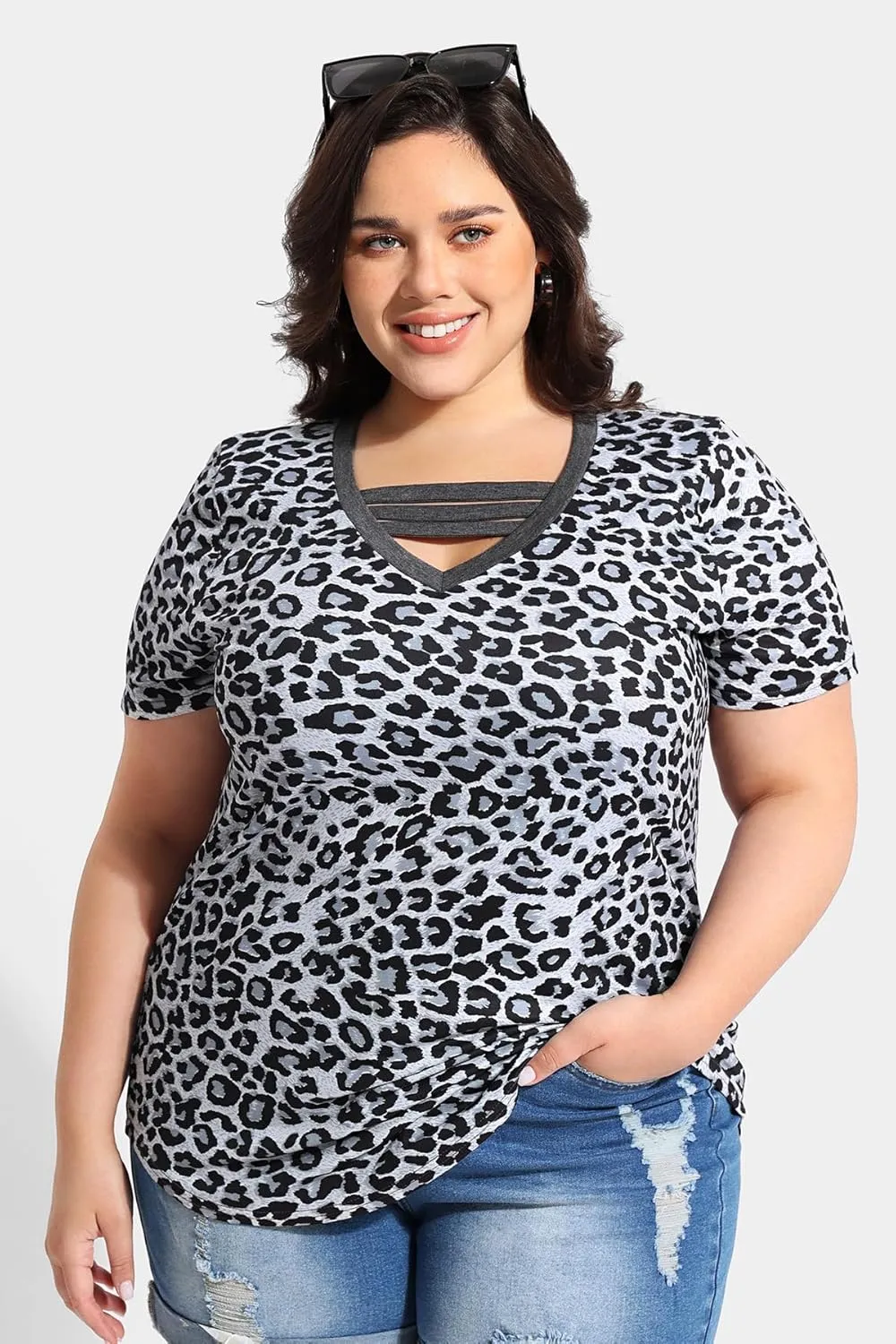 RITERA Plus Size Tops For Women Short Sleeve T Shirt V Neck Cut Out Summer Tee Blouses