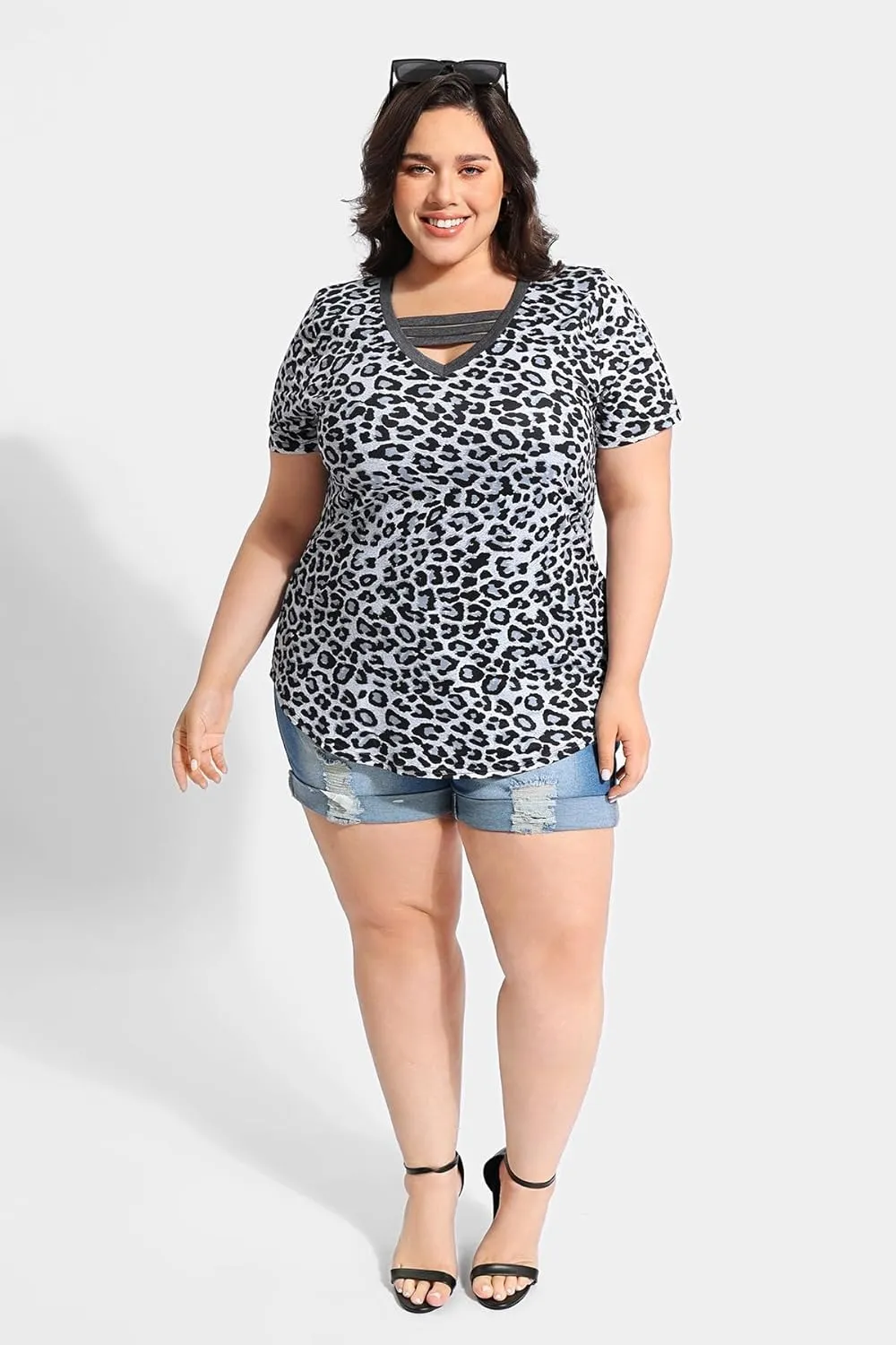 RITERA Plus Size Tops For Women Short Sleeve T Shirt V Neck Cut Out Summer Tee Blouses
