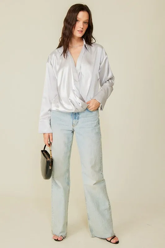 Silver Long Sleeve Collared Surplice Satin Top