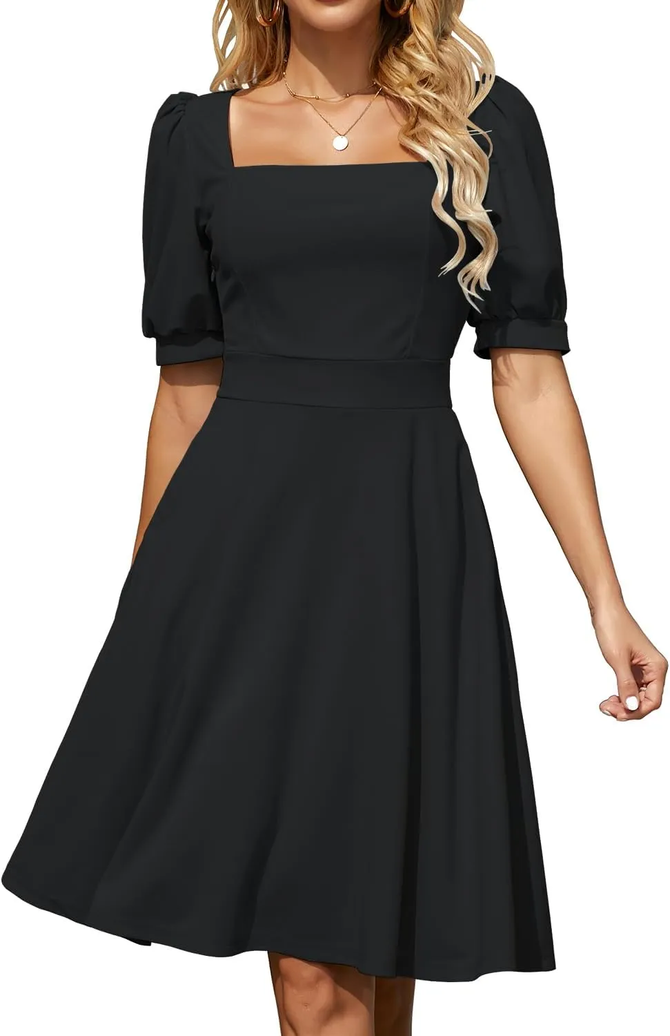 Square Collar Aline Dresses for Women Work Puff Half Sleeve Fit and Flare Business Casual Dress with Pockets