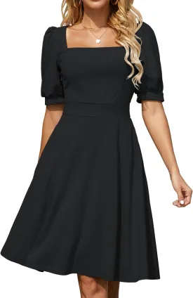 Square Collar Aline Dresses for Women Work Puff Half Sleeve Fit and Flare Business Casual Dress with Pockets Square Collar Aline Dresses for Women Work Puff Half Sleeve Fit and Flare Business Casual Dress with Pockets