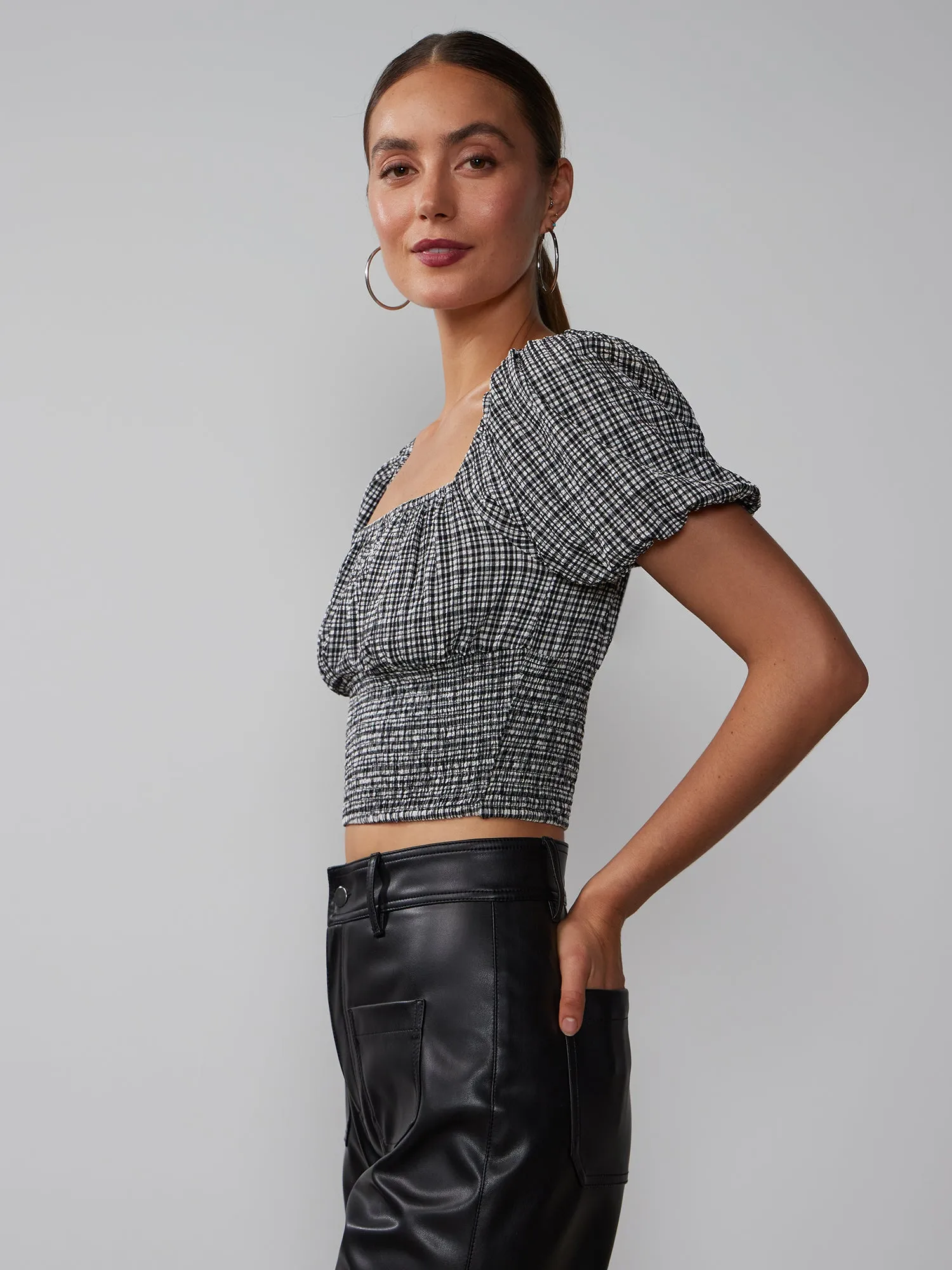 Square Neck Plaid Smocked Blouse