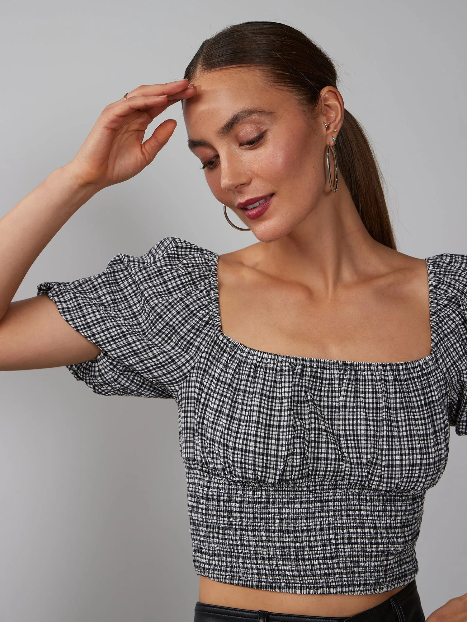 Square Neck Plaid Smocked Blouse