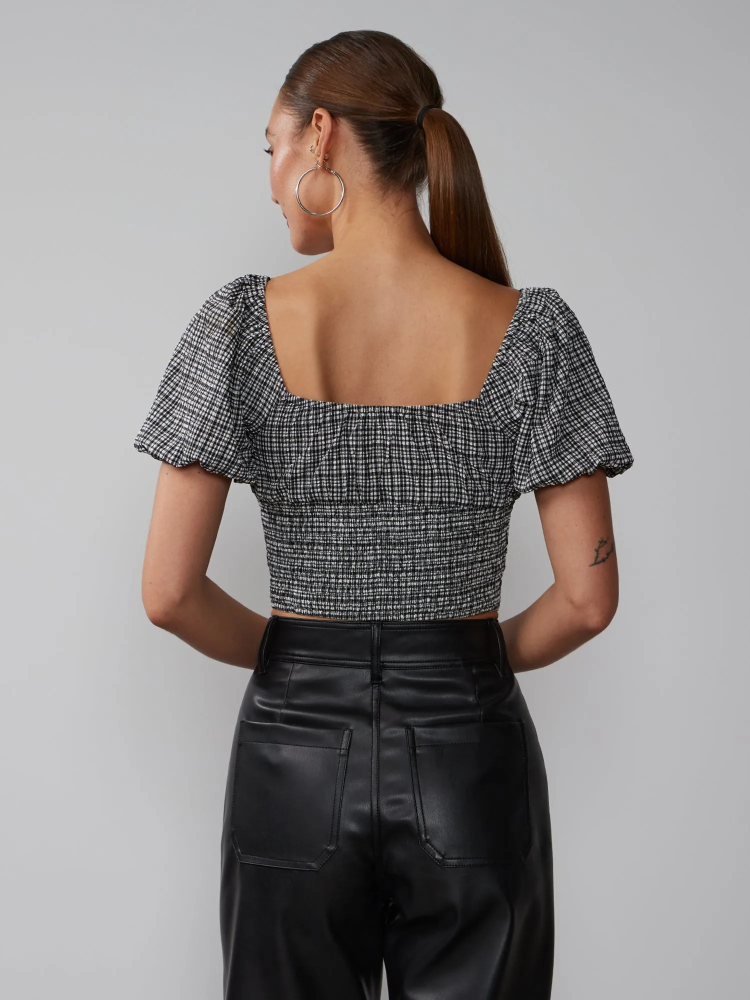 Square Neck Plaid Smocked Blouse