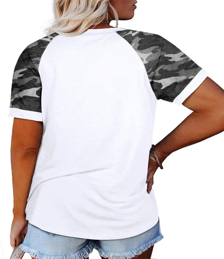 Summer Short Sleeve Camouflage Printing Plus Size T-Shirt Women Casual Patchwork Tops